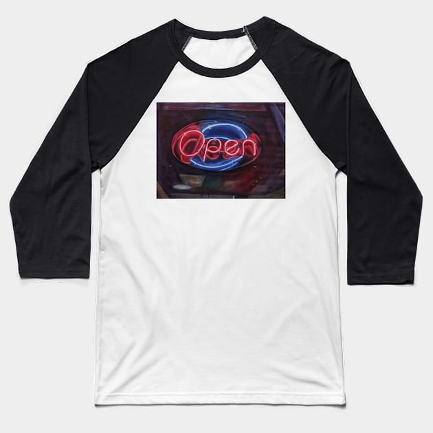 Open Neon Sign Baseball T-Shirt by fionatgray